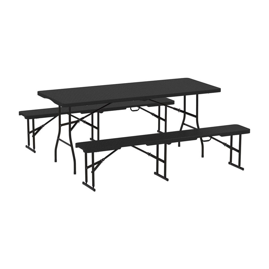 Outsunny Folding Picnic Table and Bench Set, Rattan Effect Portable Camping Table and Chairs with Carrying Handles for Indoor