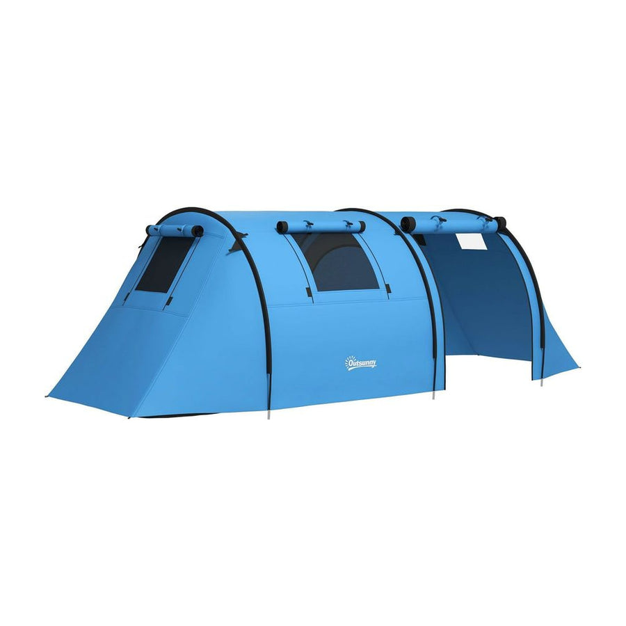 Outsunny Four Man Duo Room Tunnel Tent in sky blue with black trim and open side entrance