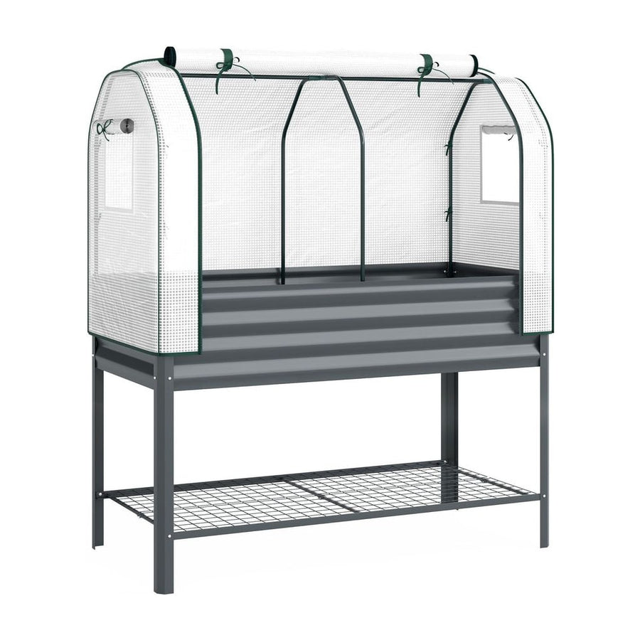 Outsunny Galvanised Raised Planter with Greenhouse Cover, Metal Raised Garden Bed on Legs with Bed Liner and Bottom Shelf
