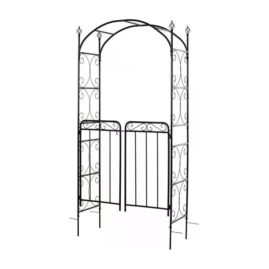 Outsunny Garden Decorative Metal Arch with Gate Outdoor Patio Trellis Arbor for Climbing Plant Archway Antique Black - 108L x