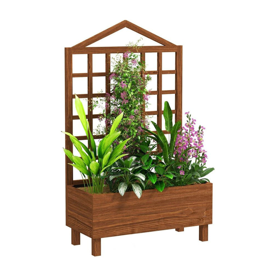 Outsunny Garden Planters with Trellis for Vine Climbing, Distressed Wooden Raised Beds, 90x43x150cm, Brown