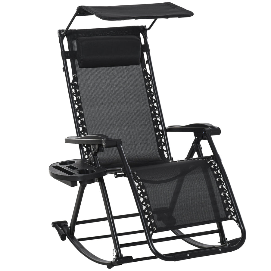 Outsunny Garden Rocking Chair Folding Recliner Outdoor Adjustable Sun Lounger Rocker Zero-Gravity Seat with Headrest Side
