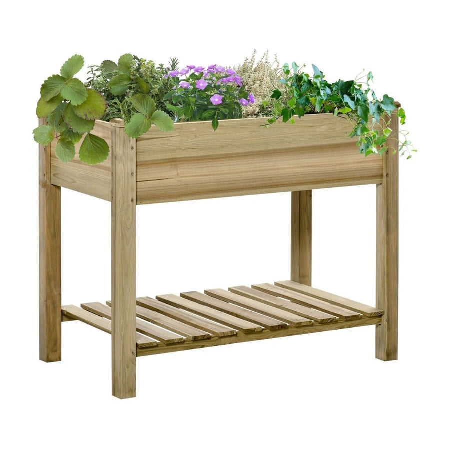 Outsunny Garden Wooden Planters, Raised Garden Bed with Legs and Storage Shelf Elevated Wooden Planter Box