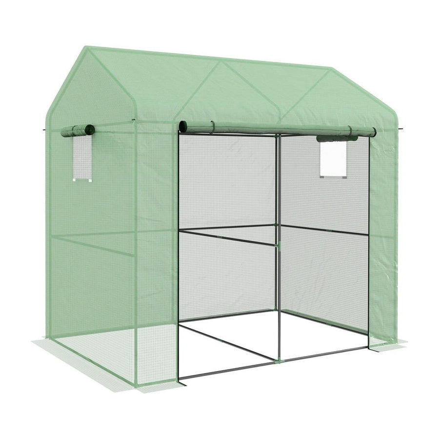 Outsunny Greenhouse, Walk-in Garden Grow House with Roll-up Door and Mesh Windows, 200 x 140 x 200cm, Green