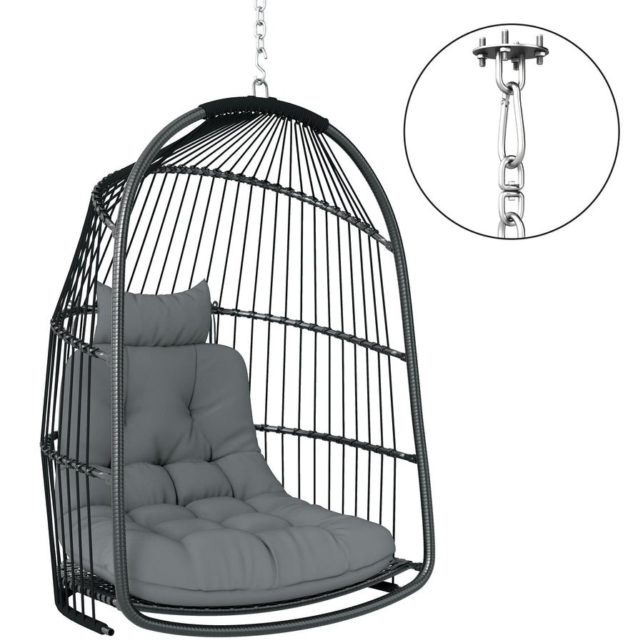 Outsunny Hanging Egg Chair, Foldable Rattan Garden Swing Chair with Installation Kit, Thickened Cushion and Headrest, Indoor