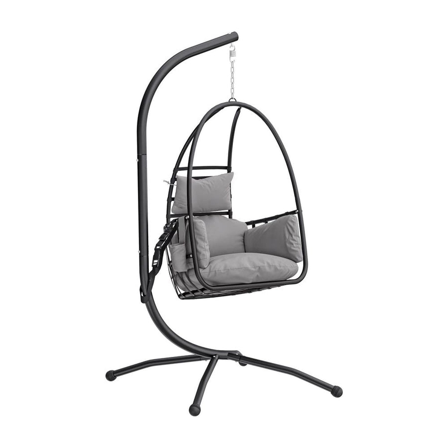 Outsunny Hanging Egg Chair, Indoor Outdoor Swinging Hammock Chair with Stand, Foldable Basket, Side Pocket, Dark Grey