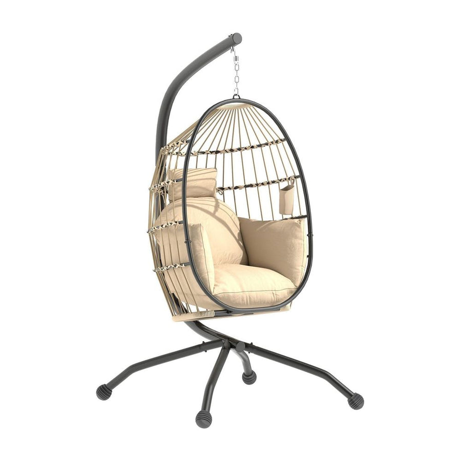 Outsunny Hanging Egg Chair Outdoor Indoor Garden Swing Chair with Folding Basket and Thickened Cushion, Garden Hanging Chair