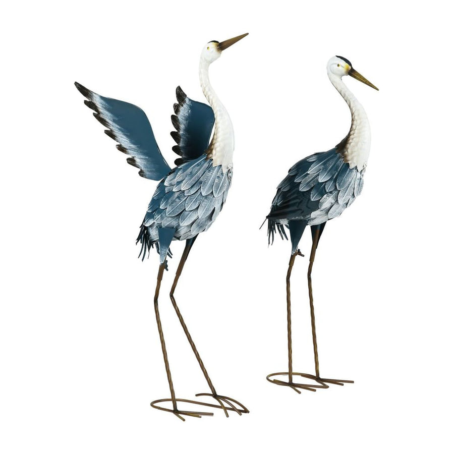 Outsunny Heron Garden Statues, Standing Garden Ornament, Metal Garden Gift with Stakes, Blue & White