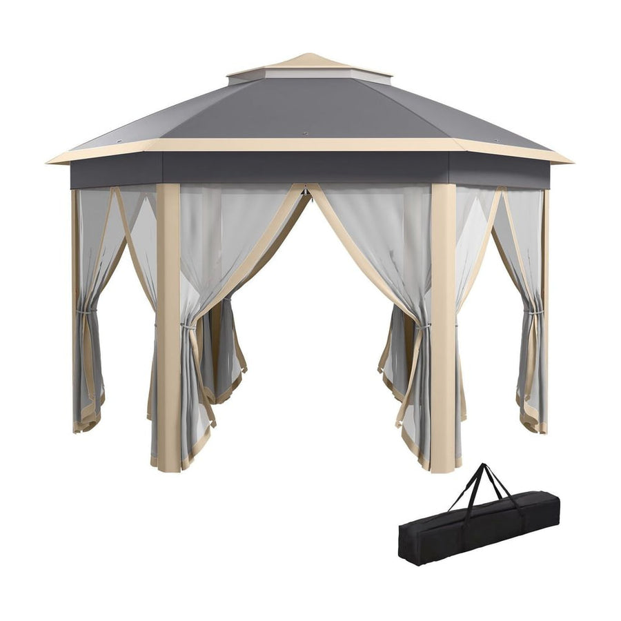 Outsunny Hexagon Pop Up Gazebo Outdoor Patio Gazebo Double Roof Instant Shelter with Netting, 3 x 4m, Khaki
