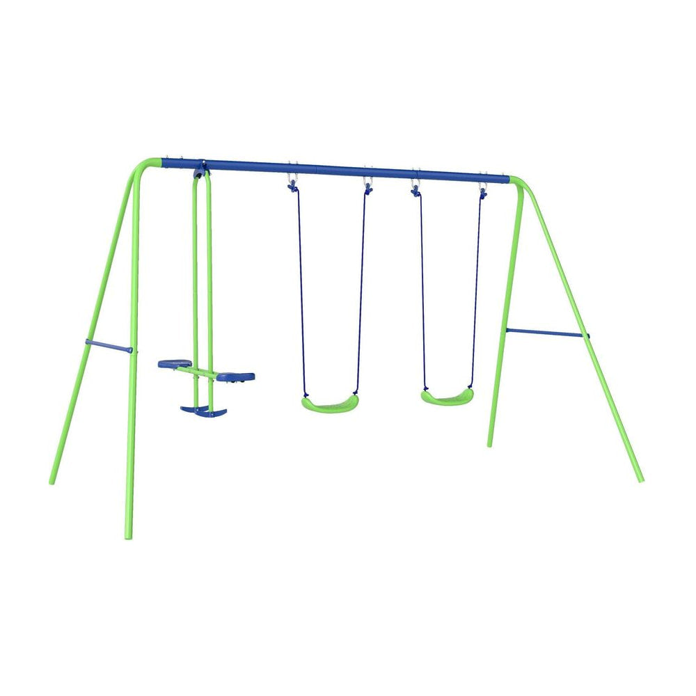 Outsunny Metal Garden Swing Set Height Adjustable Children Outdoor Backyard Play Set for Toddlers Over 3 Years Old, Green