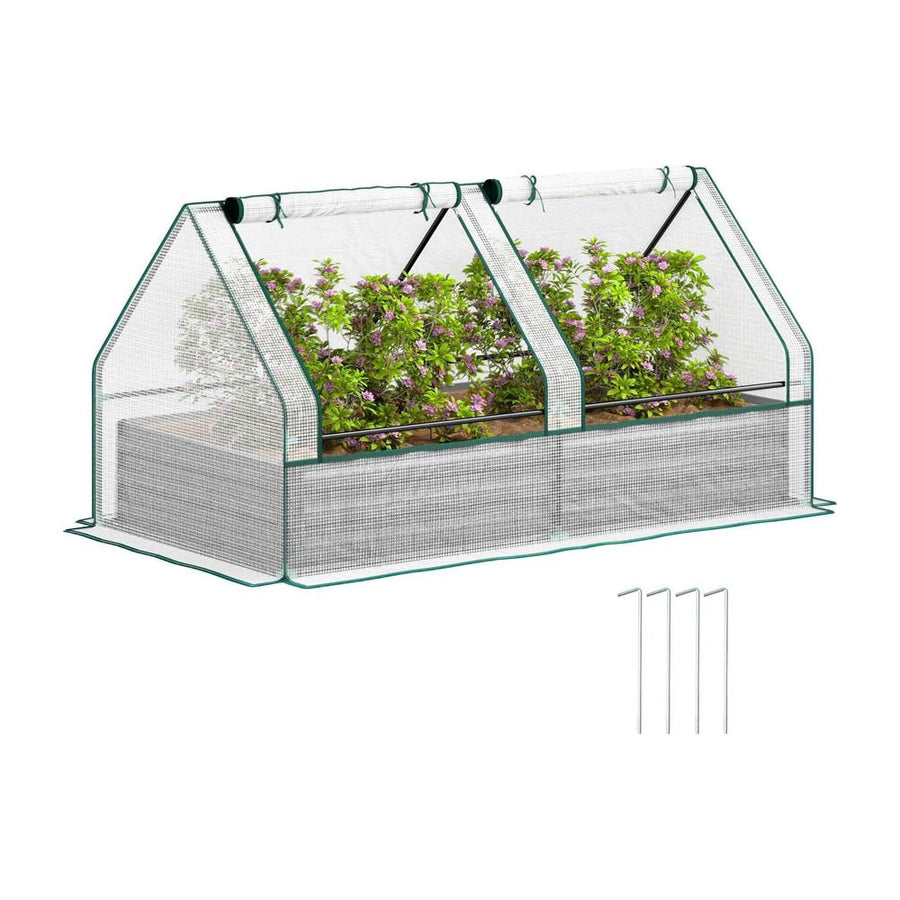 Outsunny Metal Planter Box with Cover, Raised Garden Bed with Greenhouse, for Herbs and Vegetables, White and Dark Grey