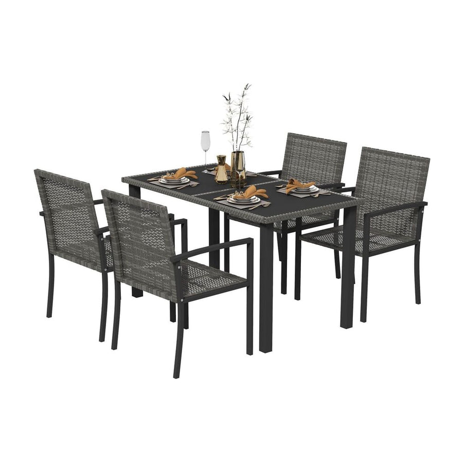 Outsunny Outdoor Dining Set 5 Pieces Patio Conservatory with Tempered Glass Tabletop,4 Dining Chairs - Grey