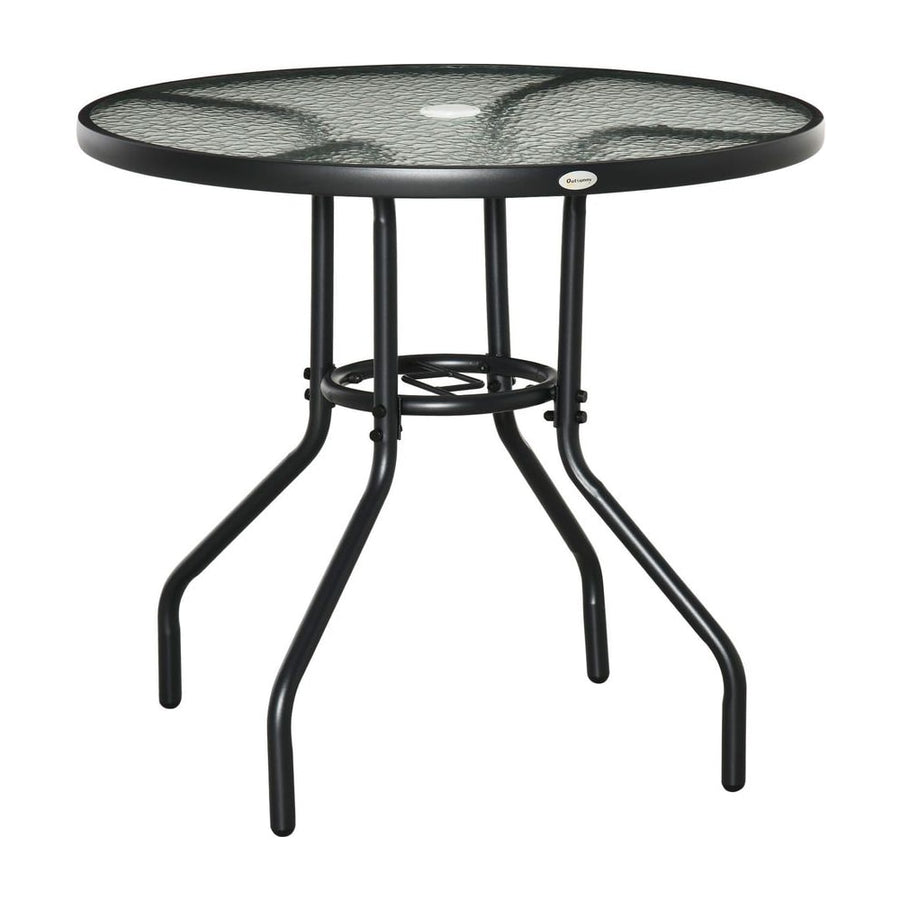 Outsunny Outdoor φ80cm Round Dining Table Tempered Glass Top Steel Frame Bistro Coffee End Side Table Garden w/ Parasol Hole