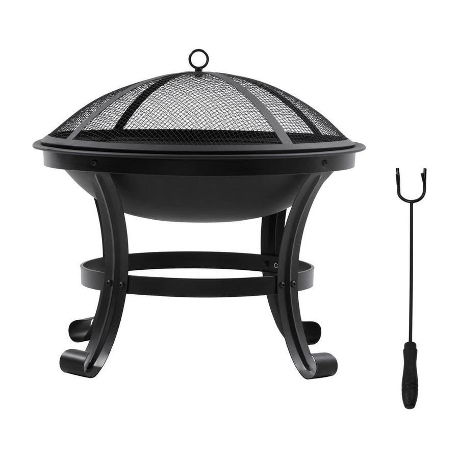 Outsunny Outdoor Fire Pit with mesh lid and poker, a black metal firepit on a stand
