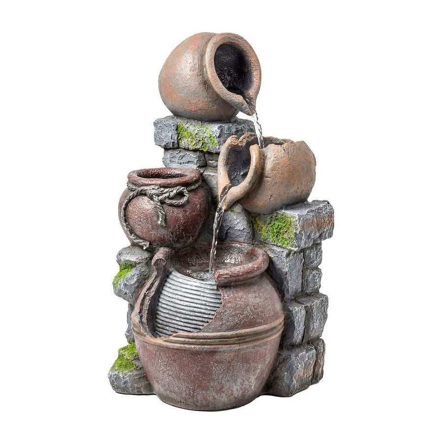Outsunny Outdoor Fountain with 4-Tier Rustic Pots & Planter, Garden Fountain with LED Lights, Rustic Brown