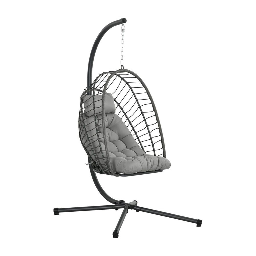 Outsunny Outdoor PE Rattan Swing Chair with Foldable Basket and Cushion, Garden Patio Hanging Egg Chair with Metal Stand