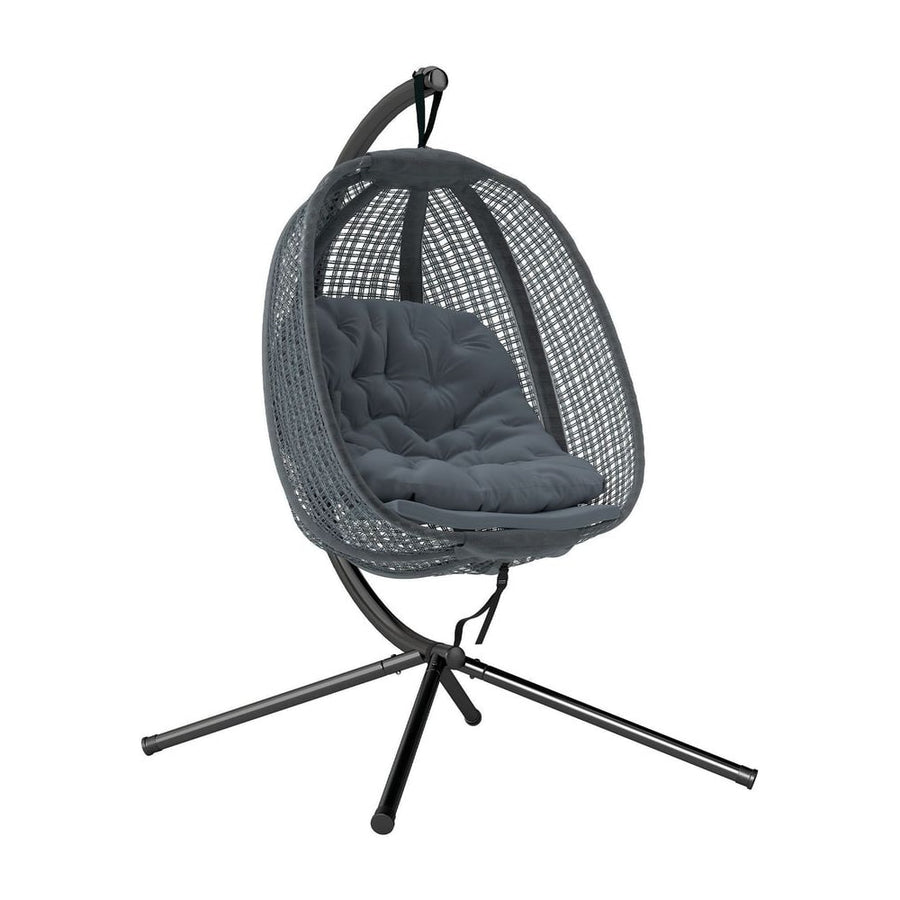 Outsunny Outdoor Swing Chair with Thick Padded Cushion, Patio Hanging Chair with Metal Stand, Egg Chair with Foldable Basket