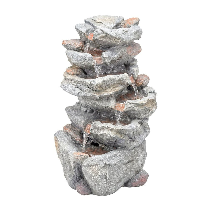 Outsunny Outdoor Water Fountain with 6-Tier Rock Style, Cascading Waterfall Feature with LED Lights, Adjustable Flow, Grey