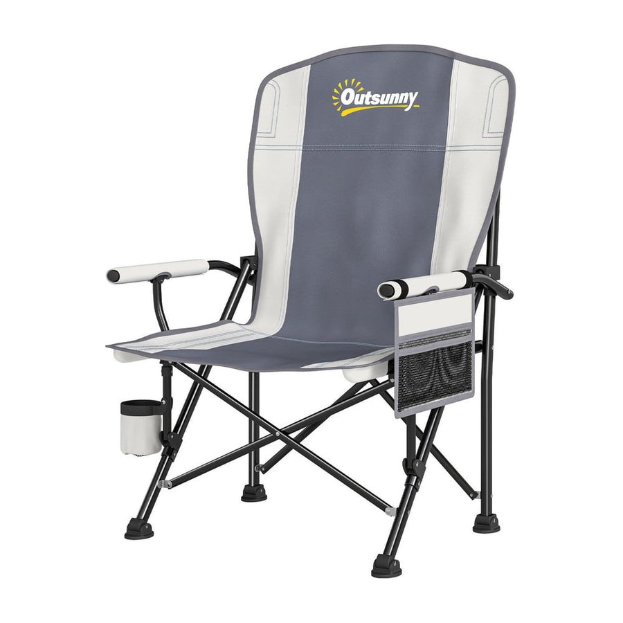 Outsunny Padded Camping Chair Adults Heavy Duty Folding Chair Side Pocket Cup Holder Carry Bag Outdoor Light Grey