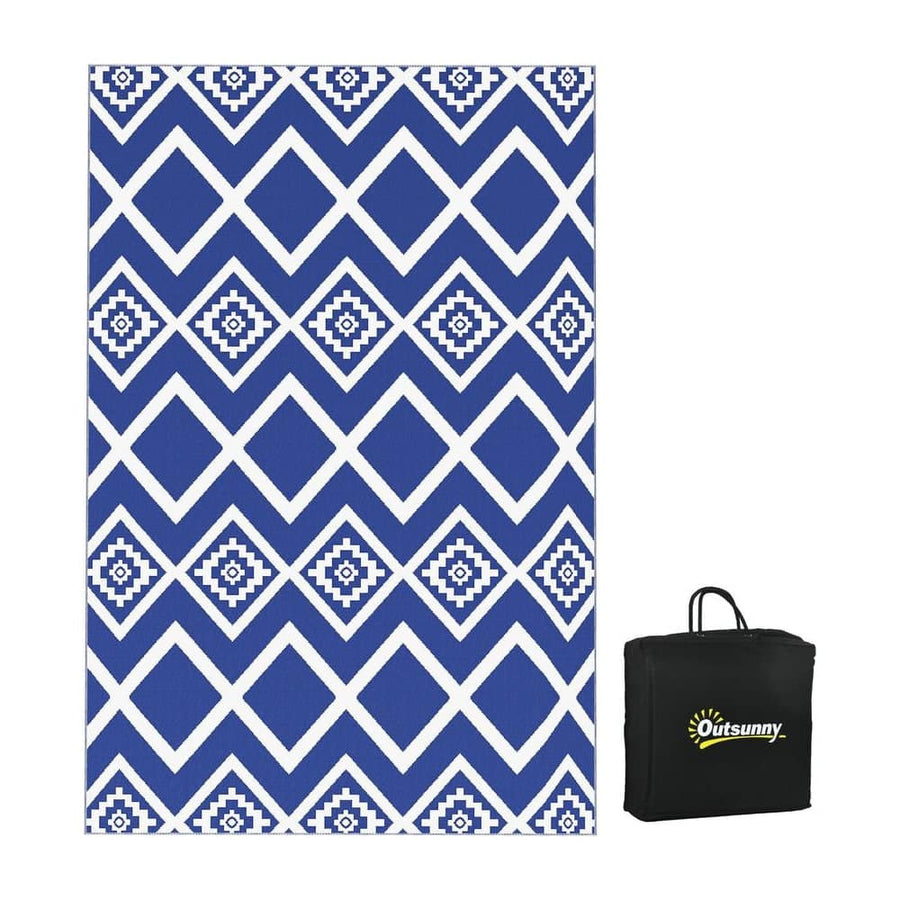 Outsunny Plastic Straw Reversible RV Outdoor Rug with Carry Bag, 182 x 274cm, Blue and White