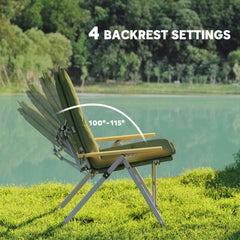 Green padded camping chair with adjustable backrest settings
