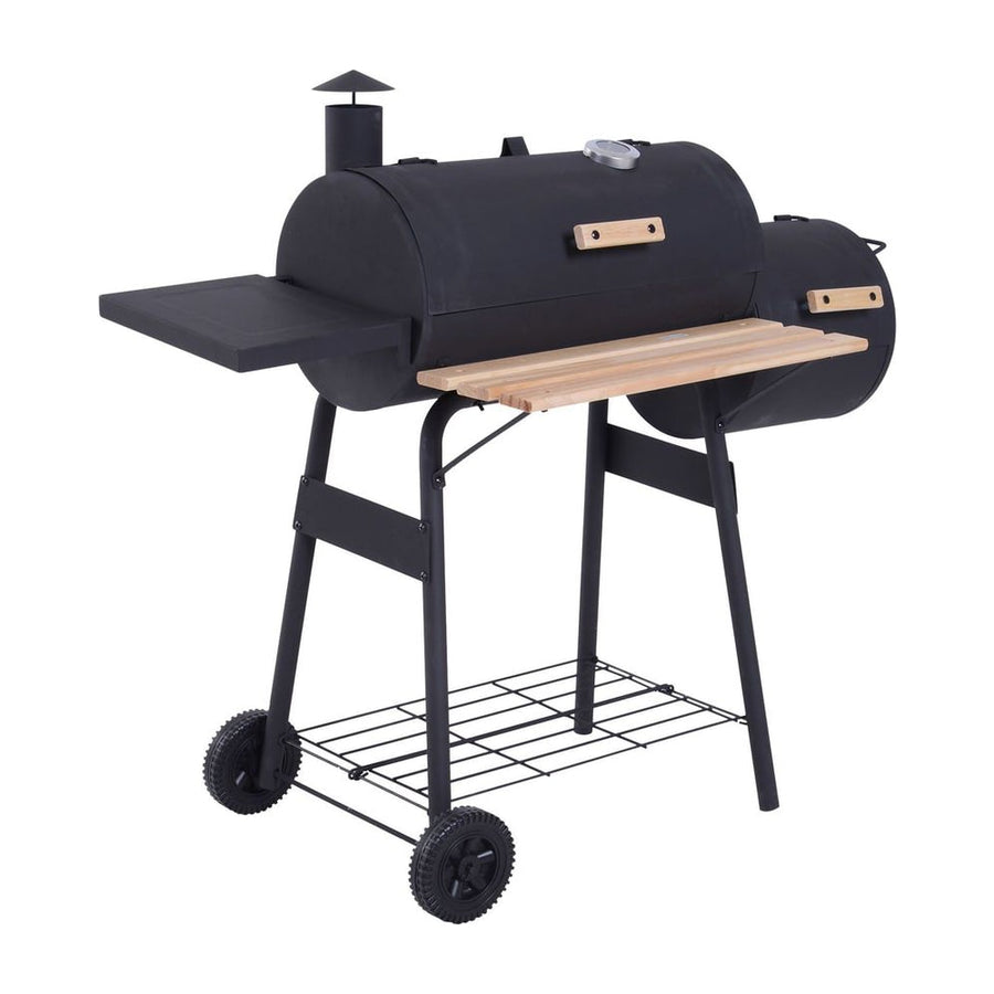 Outsunny Portable Charcoal BBQ Grill, Cold-rolled Steel, Solid Wood, 104H x 124L x53W cm-Black