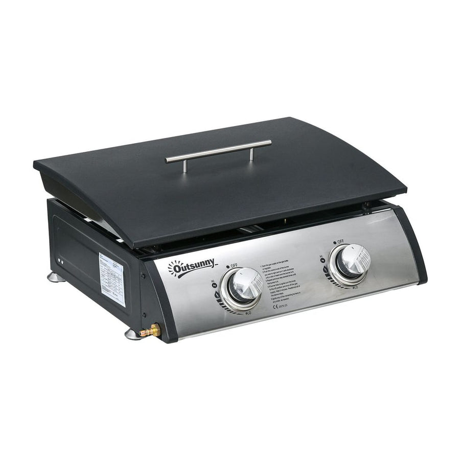 Outsunny Portable Tabletop Gas Plancha Grill with a black lid and two control knobs on the front