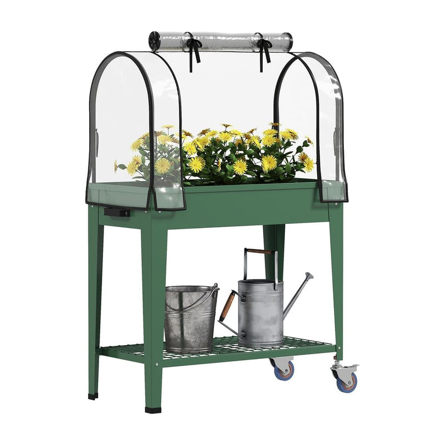 Outsunny Raised Planter with Greenhouse Cover, Mobile Elevated Garden Bed with Wheels and Bottom Shelf for Vegetables, Green