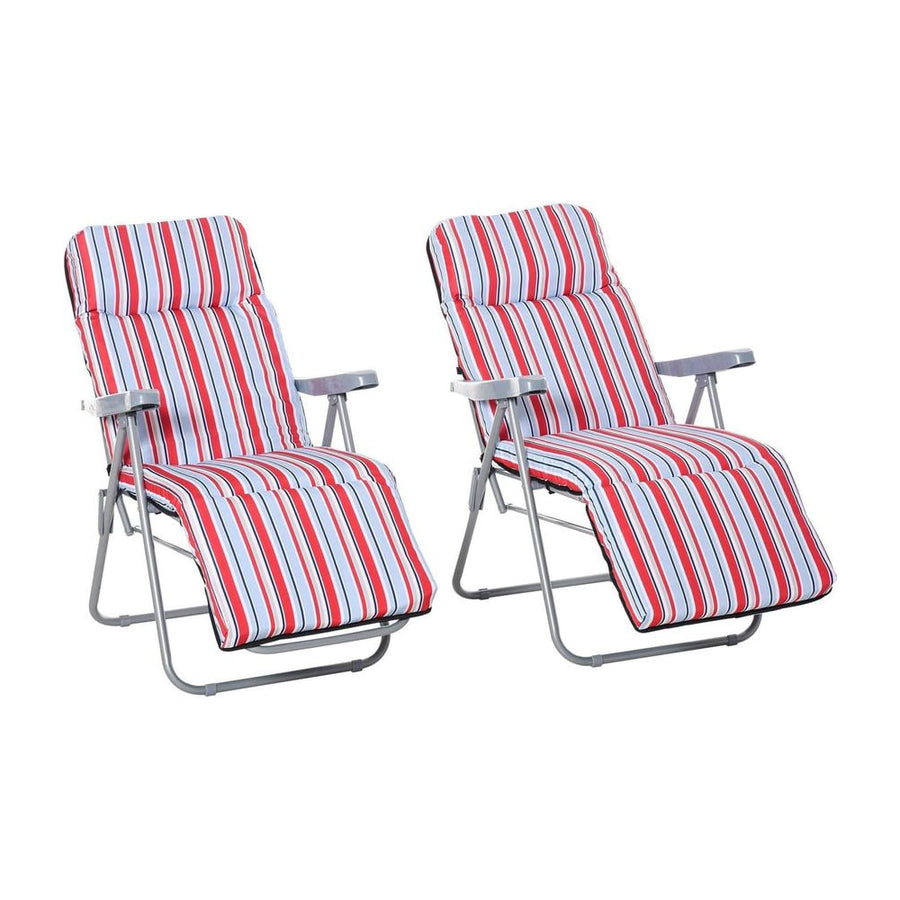 Outsunny Set of 2 Garden Sun Lounger Outdoor Reclining Seat Cushioned Seat Foldable Adjustable Recliner Red and White