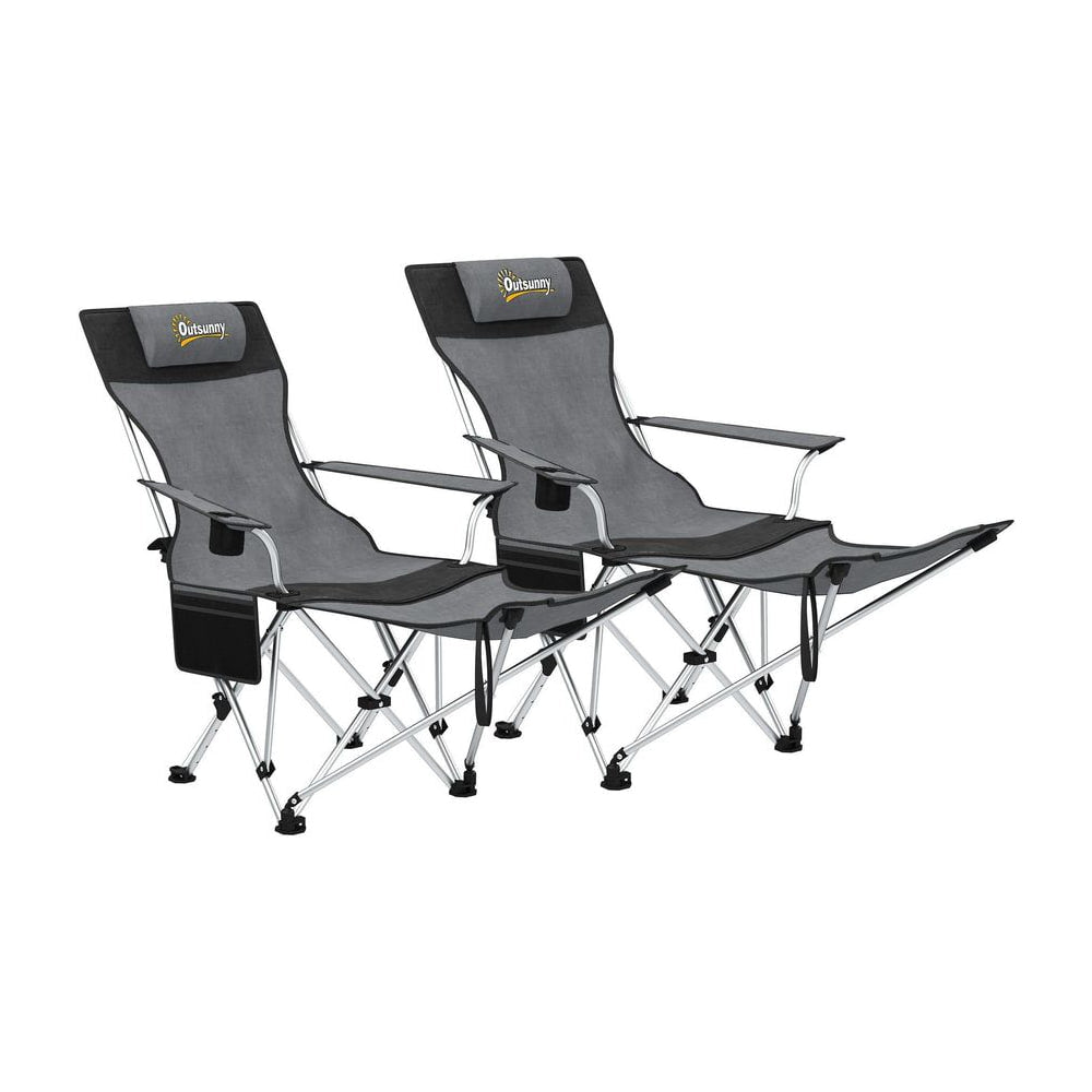 Outsunny Set of 2 Reclining Folding Camping Chair w/ Detachable Footrest, Storage Bag, Cup Holder & Headrest, Lightweight