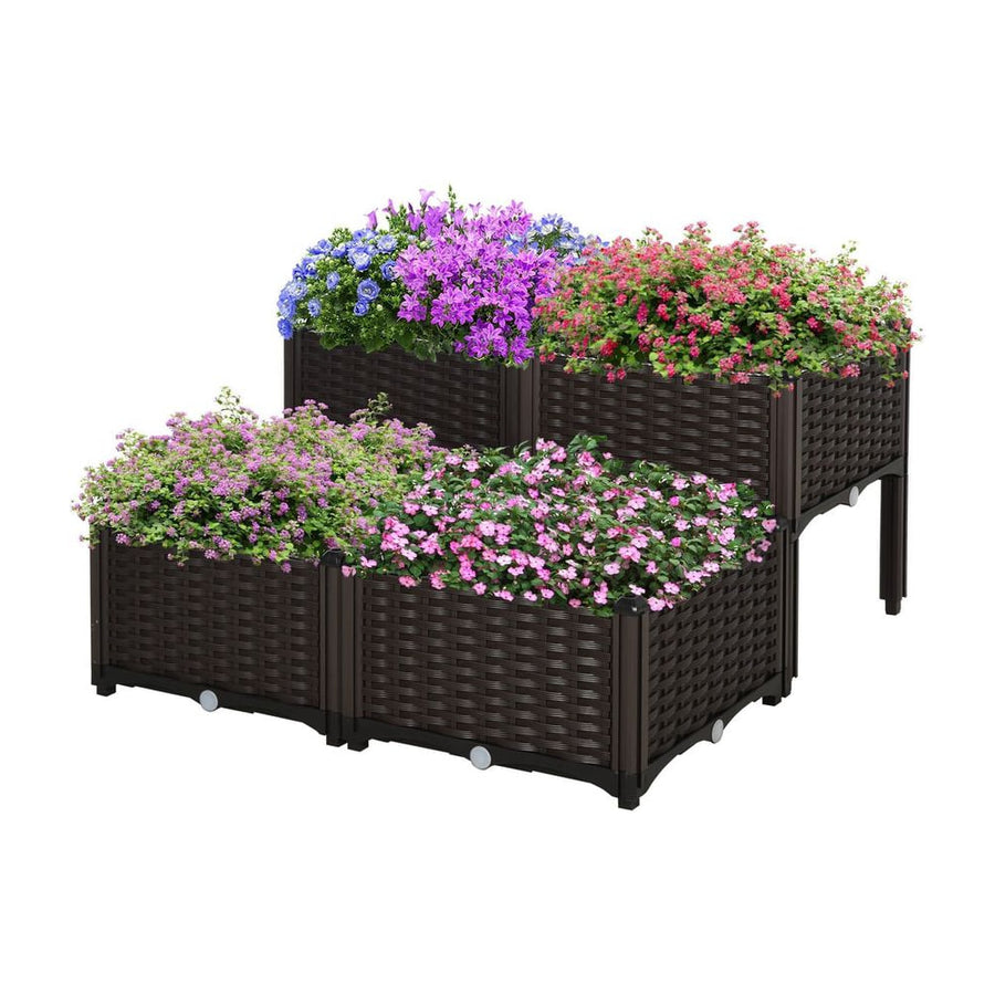 Outsunny Set of 4 26L Garden Raised Bed Elevated Patio Flower Plant Planter Box PP Vegetables Planting Container, Brown