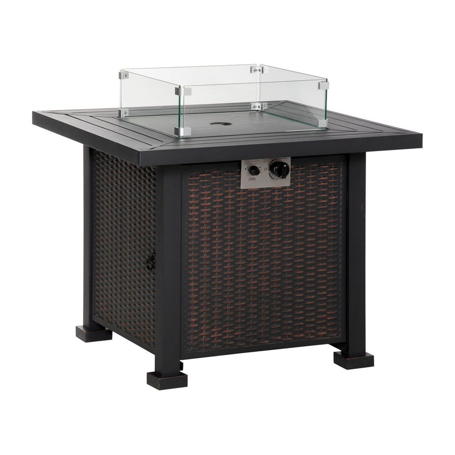 Outsunny Square Propane Gas Fire Pit Table, 50000 BTU Rattan Smokeless Firepit Patio Heater with Glass Screen, Glass Beads