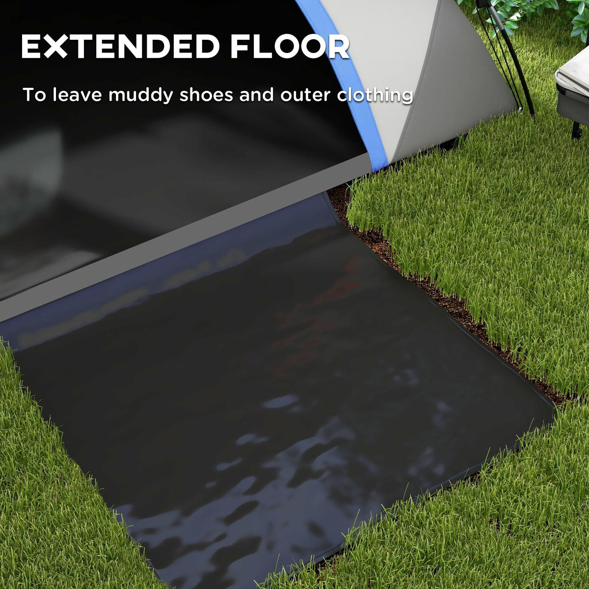 Outsunny Two Man Single Room Dome Tent, the camping shelter showing the extended black floor mat for muddy footwear
