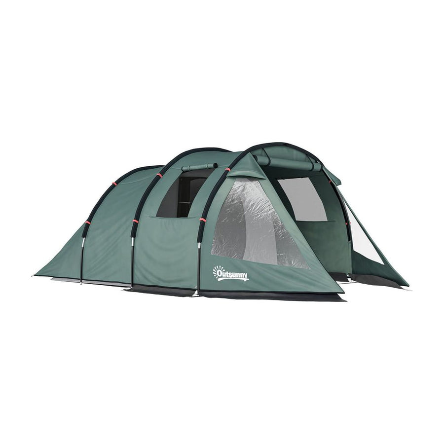 Outsunny Two Room Tunnel Tent in green with clear windows and black poles on a white background