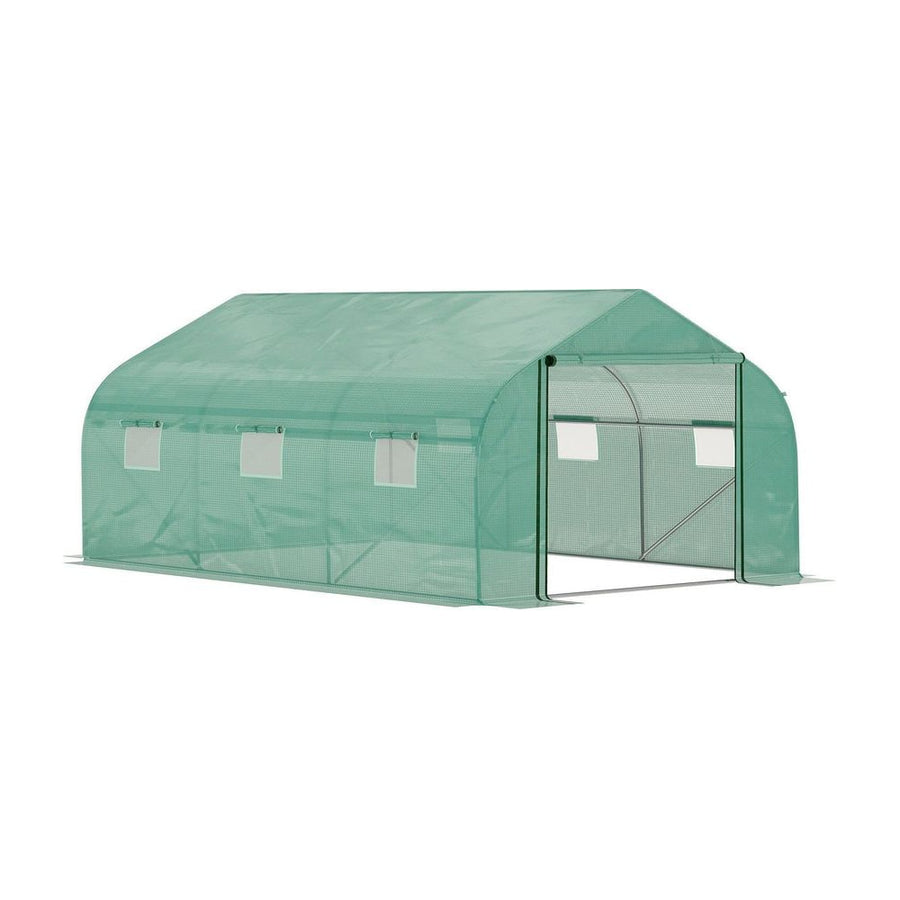 Outsunny Walk-in Polytunnel Garden Greenhouse, Outdoor Mesh Door Greenhouse with PE Cover and 6 Windows, 4.5 x 3 x 2m, Green