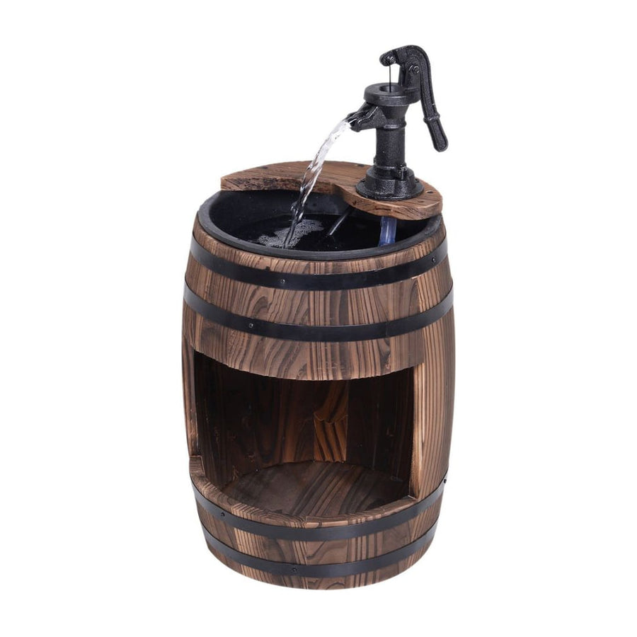 Outsunny Wood Barrel Patio Water Fountain Electric Pump Garden Decorative Ornament with Flower Planter Decor