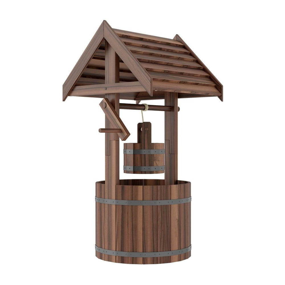 Outsunny Wood Wishing Well for Outside with Hanging Bucket, Wishing Well Planter with Drain Hole for Garden Patio, Carbonized