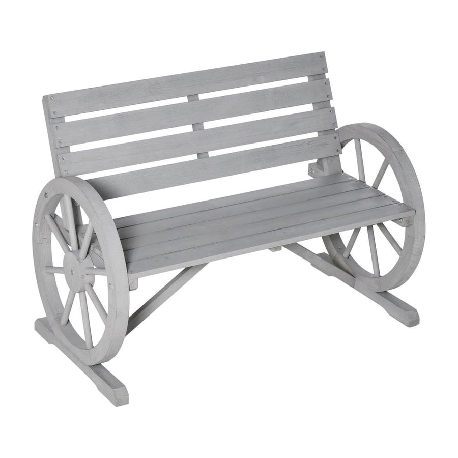Outsunny Wooden Cart Wagon Wheel 2 Seater Garden Bench Outdoor Garden Armrest Chair Rustic High Back Loveseat Grey