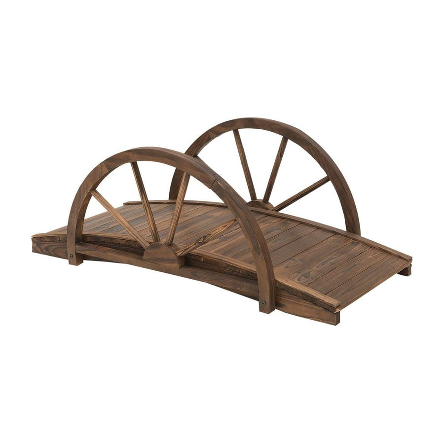Outsunny Wooden Garden Bridge Lawn Decor Stained Finish Arc Outdoor Pond Walkway Yard Decoration Half Wheeled Railings 100L x