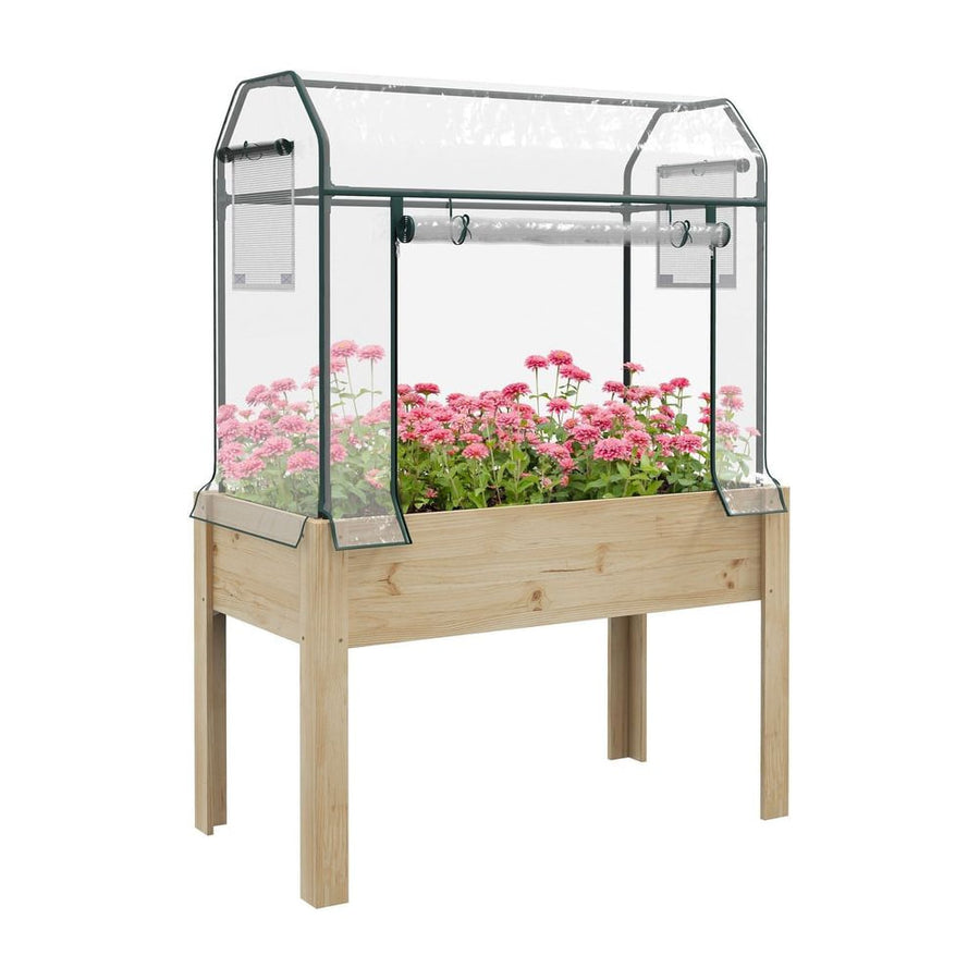 Outsunny Wooden Planter Box with Greenhouse Cover and Bed Liner, Raised Garden Bed for Vegetables, Flowers, Herbs