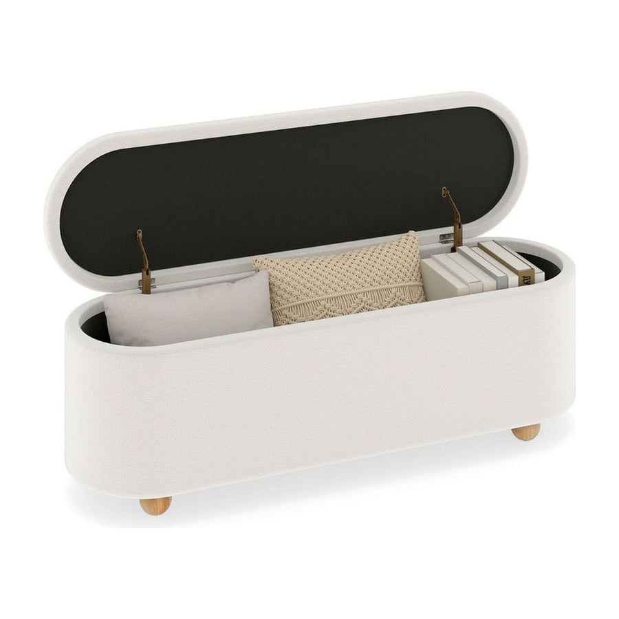 Oval Storage Bench with the lid open showing cushions and books inside