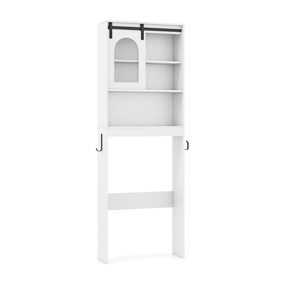 Over the Toilet Storage Cabinet with Toilet Paper Holder in white with a sliding door and side hooks