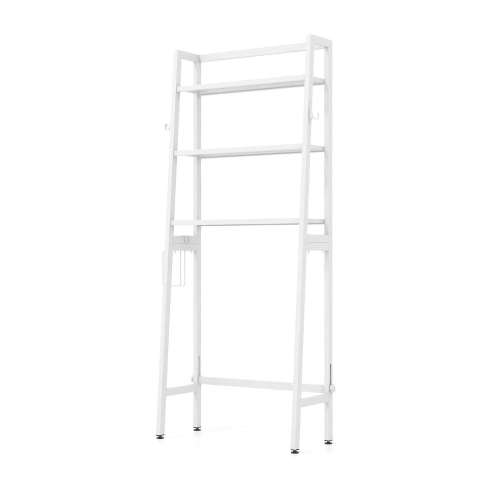 Over The Toilet Storage Shelf with Adjustable Bottom Bar in white, a tall shelving unit with three shelves