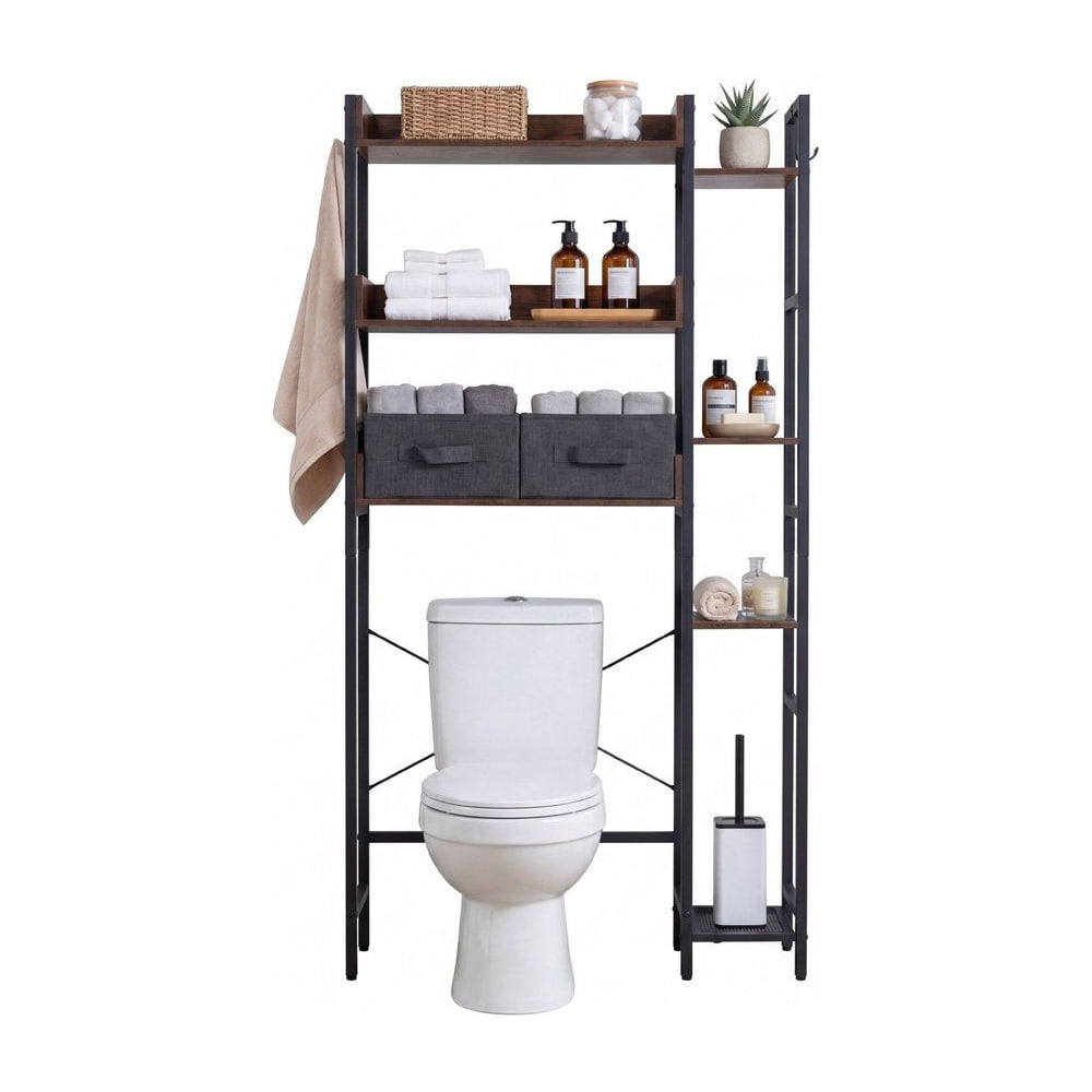 Over Toilet Storage Rack with 2 fabric drawers and 4 hooks in rustic brown