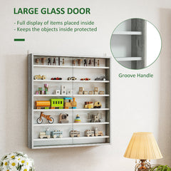 Wall-mounted storage cabinet with large glass door displaying various toys and items.