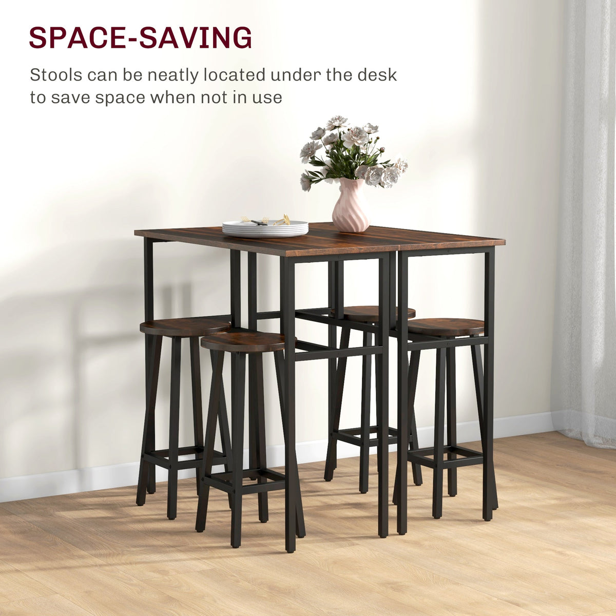 HOMCOM 6-Piece Bar Table Set, Counter Height Kitchen Dining Set with 2 High Tables & 4 Stools, Space Saving Compact Bar Furniture for Small Kitchens and Flats, Multiple Arrangements, Rustic Brown