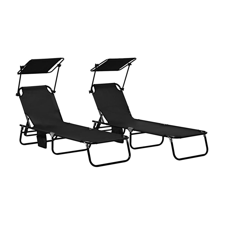 Outsunny Set of Two Folding Sun Loungers, with Adjustable Backs and Sun Canopies - Black
