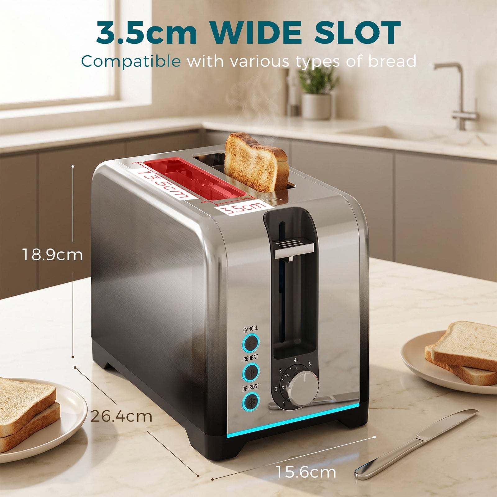 HOMCOM 2 Slice Toaster with 7 Browning Levels, Reheat, Defrost and Cancel Functions