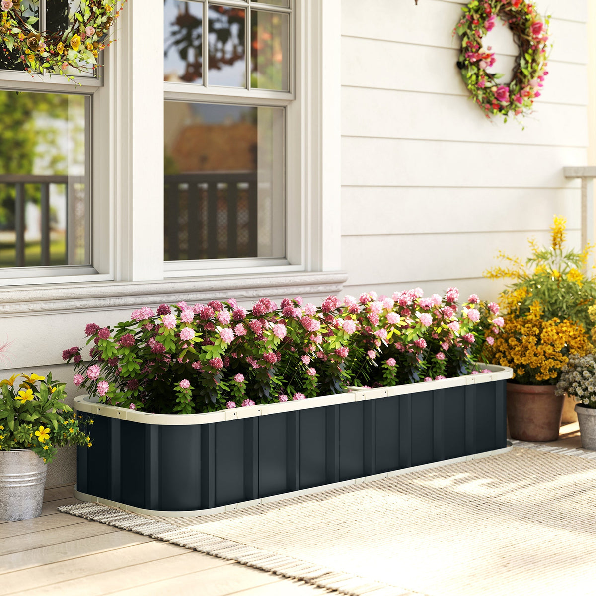 Outsunny Galvanised Raised Garden Bed, 5 x 2 x 1 ft Metal Planter with Gloves and Folded Edging, Dark Grey