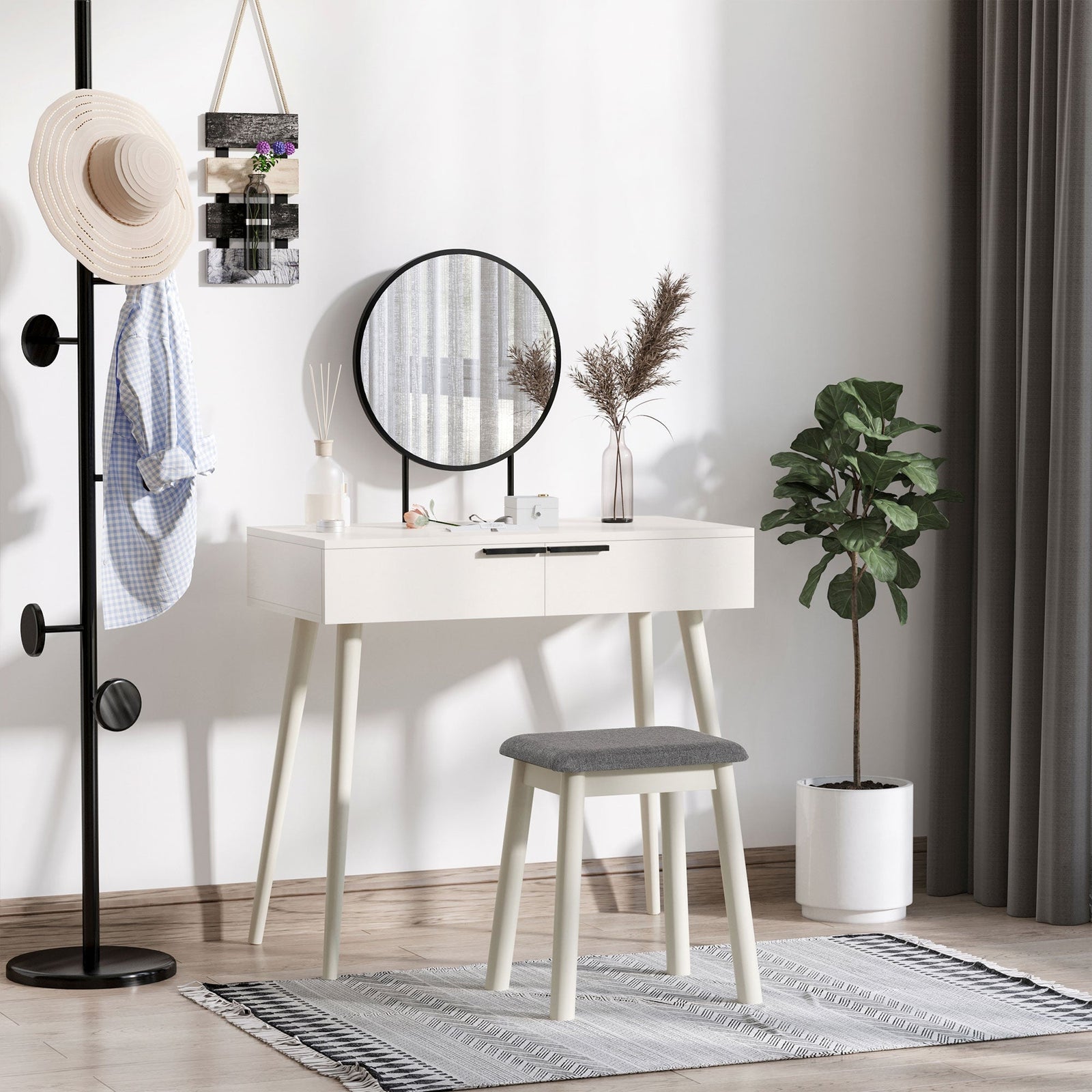 HOMCOM Dressing Table with Mirror and Stool, Vanity Makeup Desk Set with 2 Drawers, Cushioned Stool and Make-up Organiser for Bedroom and Dressing Room, 80 x 40 x 123 cm, White
